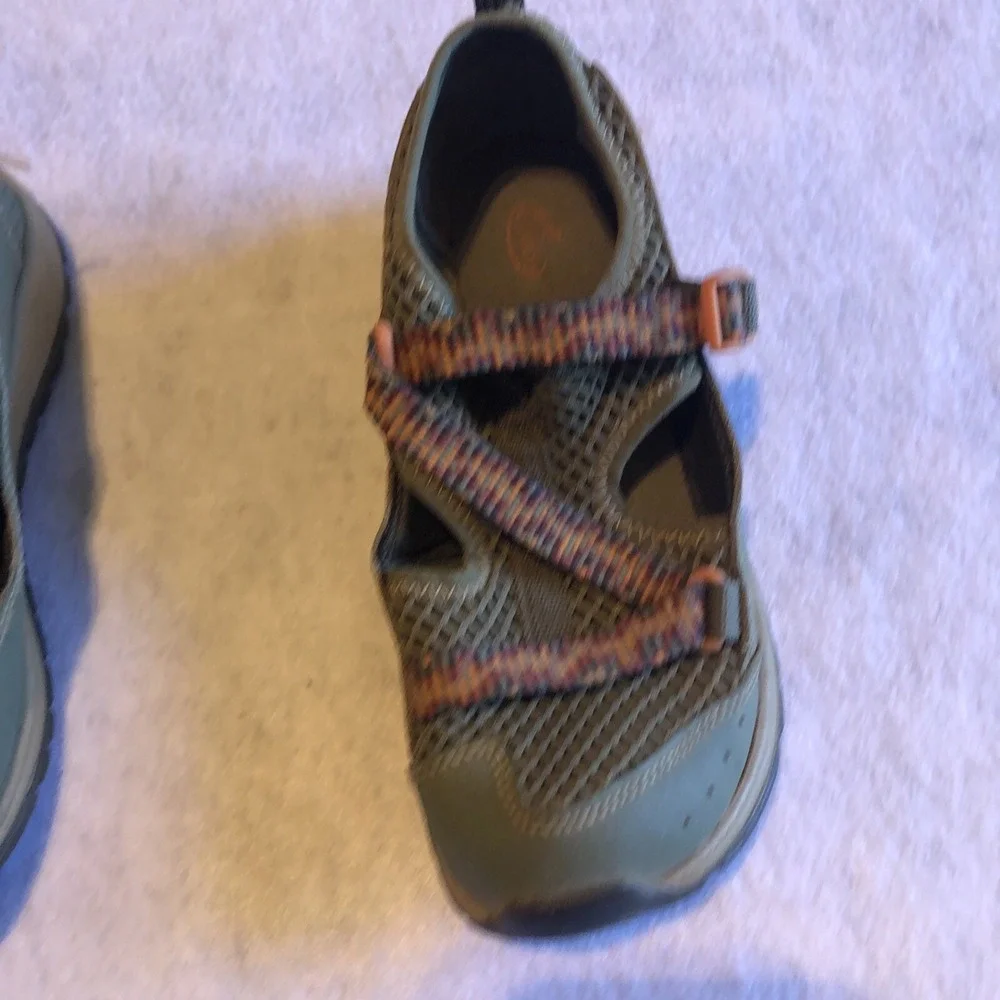 Chacos Youth Size 2 Hiking Sandal Shoes‎ Green With Orange Straps Chaco Tread